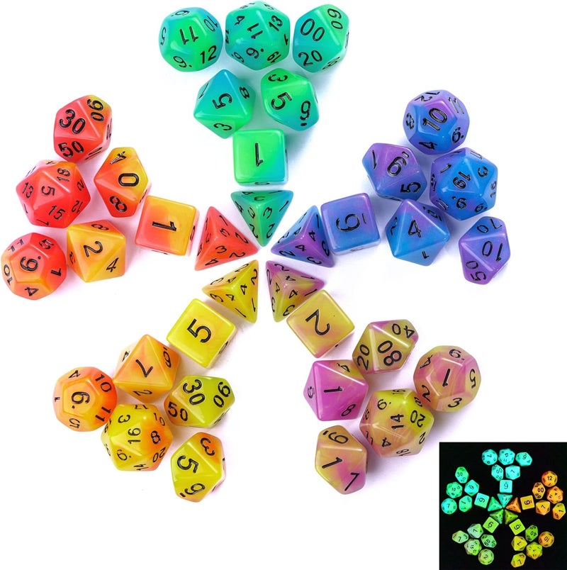 Poludie 5 Sets Glow in The Dark DND Dice, 35Pcs Luminous Polyhedral Dice Set with 1 Leather Dice Bag, Glowing D&D Dice for RPG Table Games(5Sets/35Pcs Glowing Dice) - Image 1